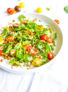 I absolutely love a textured bowl or salad. These days I feel the crunch of a bite relates so much to the flavour it is carrying. If you are after a lunch time summer number that is going to create all forms of a party in your mouth this is your new healthy go to. With the combination of nuts, creamy tahini of course that sweet and juicy tomato burst, it satisfies every section of your taste buds! Oh and it is super simple too! I love seeing the satisfaction of a good crunch when my family and friends make this.